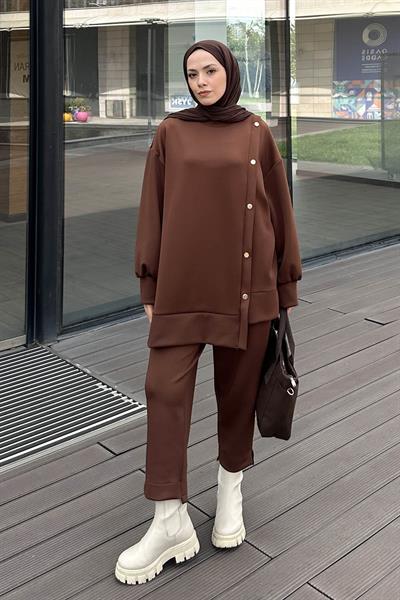 Yan Çıtçıt Detaylı Scuba Tesettür Takım Kahverengi