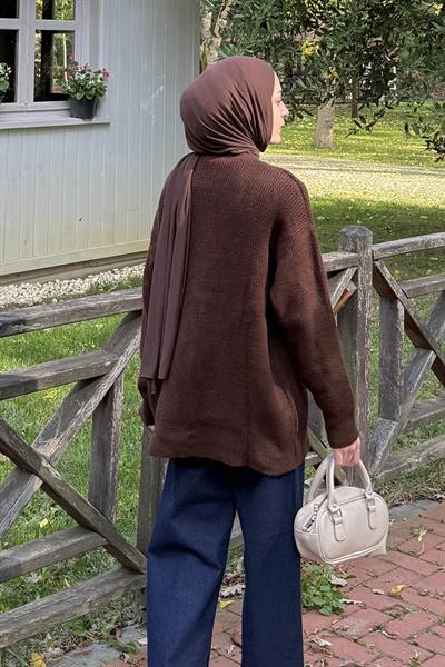 İnce Örgülü Kazak Acı Kahverengi