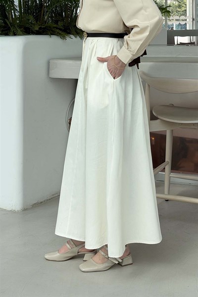 Cep Detaylı Kloş Keten Etek Krem