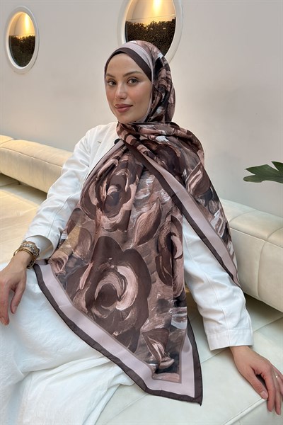 Çiçek Desen Pamuk Şal Kahverengi