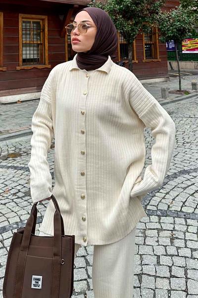 Polo Yaka Düğmeli Tesettür Takım Ekru