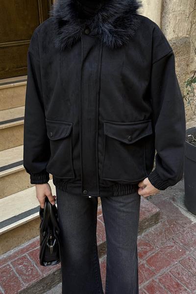 Kürk Yaka Cepli Mont Siyah