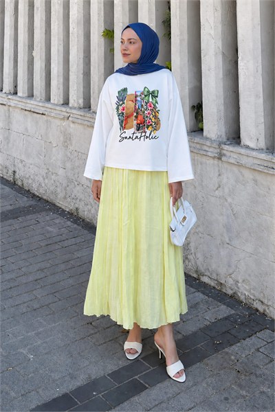 Basic Oversize Yaz Esintisi Baskılı Bluz Beyaz
