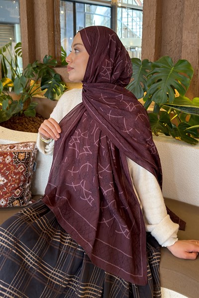 Geometrik Desen Bambu Şal Mürdüm