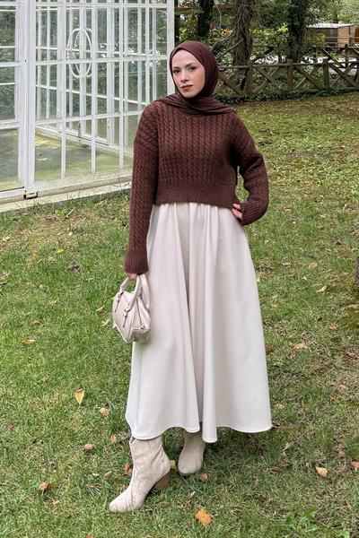 Crop Triko Kazak Acı Kahverengi