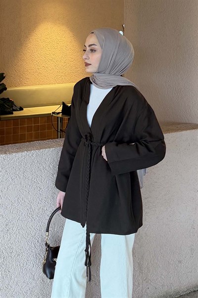 Örgü Bağlamalı Kimono Ceket Kahverengi