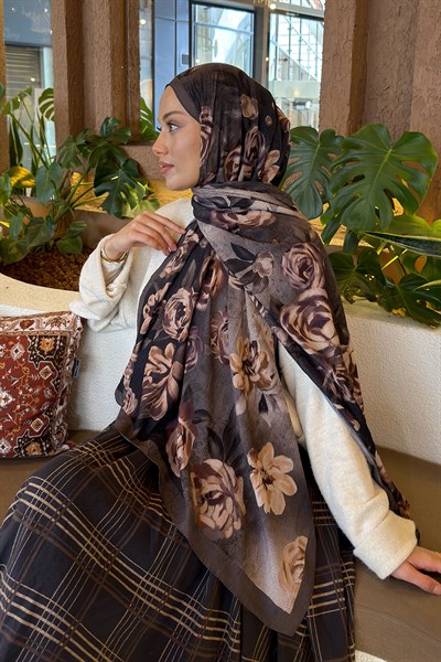 Çiçek Desen Bambu Şal Soft Kahve