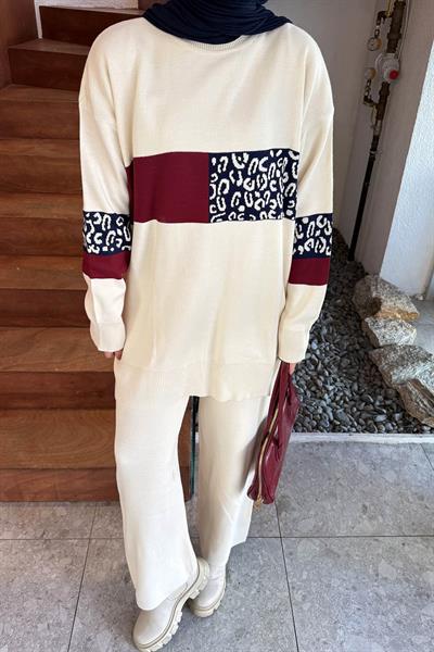 Desenli Triko Takım Krem