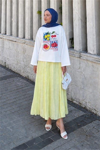 Basic Oversize Dolce Vita Meyve Baskılı Bluz Beyaz