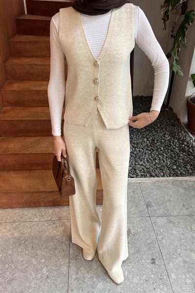 V Yaka Yelekl Takım Bej