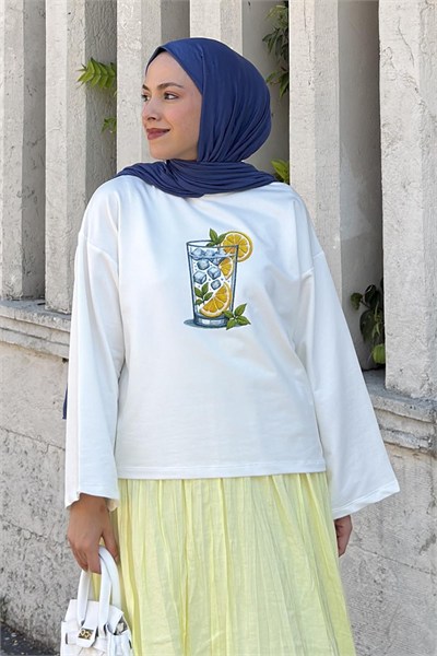 Basic Oversize Limon Baskılı Bluz Beyaz