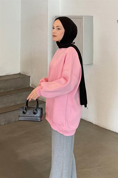 Jasmin Bisiklet Yaka Oversize Sweat Şeker Pembesi