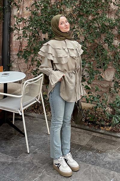 Geniş Katlı Yakalı Gömlek Haki