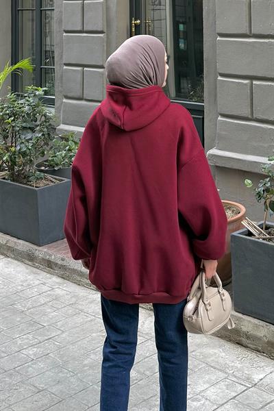 Kapüşonlu Oversize Yan Cepli Sweat Bordo