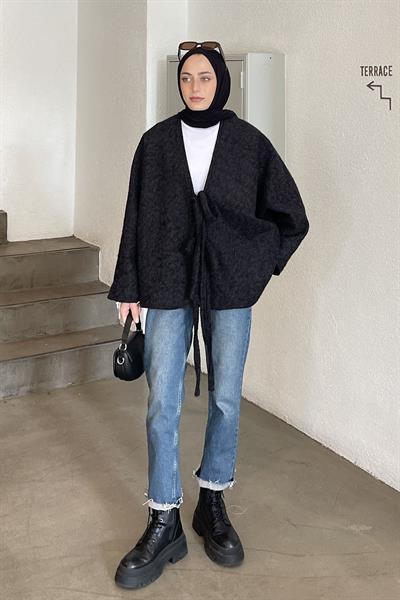 Bağlamalı Kaşe Kimono Siyah