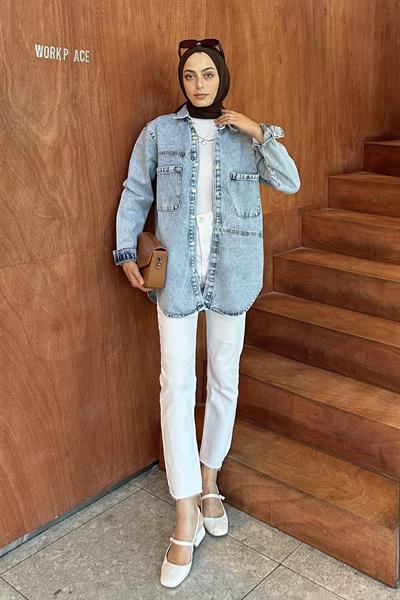 Çift Cep Detaylı Kot Gömlek Buz Mavisi