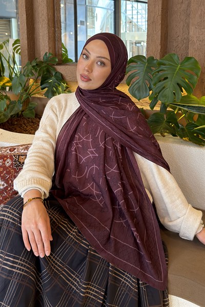 Geometrik Desen Bambu Şal Mürdüm