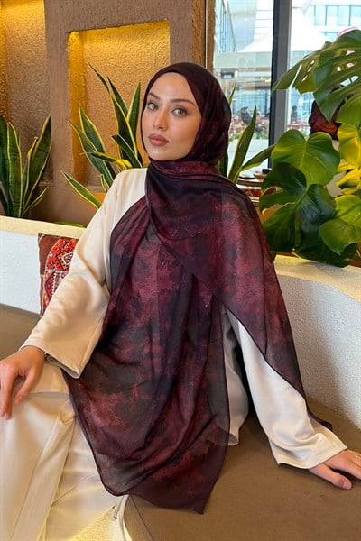 Gül Çiçek Desen Ferah Şal Koyu Bordo