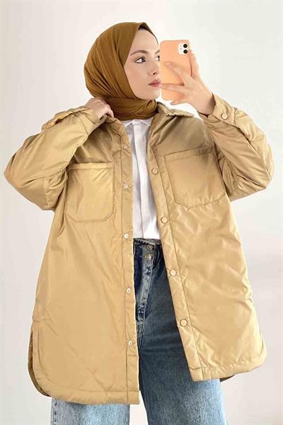 Çift Cepli Boydan Düğmeli Gizli Cepli Mont Camel