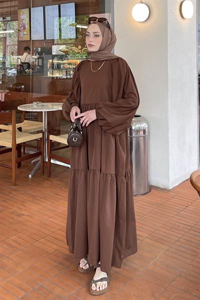 Balon Kol Katlı Yazlık Elbise Acı Kahverengi