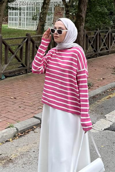 Çizgili BalIkçı Kazak Fuşya