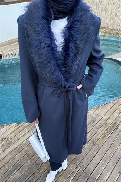 Kürk Yakalı Kaban Lacivert