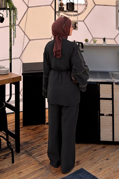 Nakışlı Pantolonlu Takım Antrasit