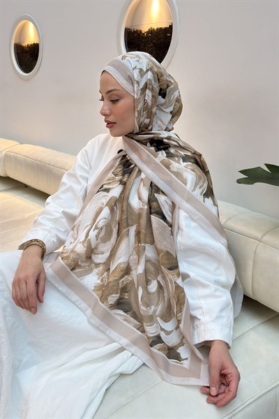 Çiçek Desen Pamuk Şal Koyu Bej