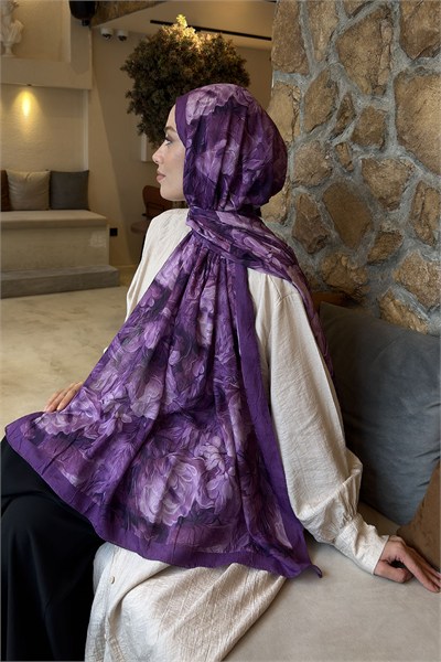 Vintage Flower Desen Bambu Şal Mor