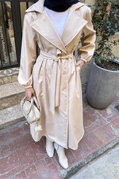 Kol Elastik Detaylı Trençkot Taş