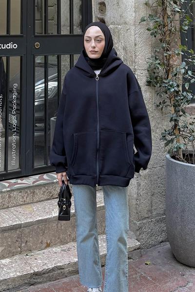 Kapüşonlu Oversize Yan Cepli Sweat Lacivert