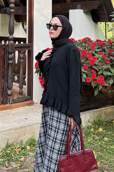 Fırfır Detaylı Hırka Siyah