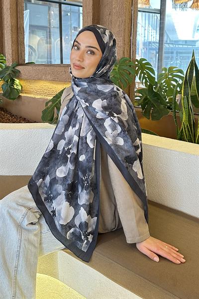 Batik Çiçek Desen Bambu Şal Antrasit