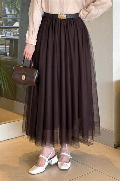 Pileli Kemerli Tül Etek Acı Kahverengi