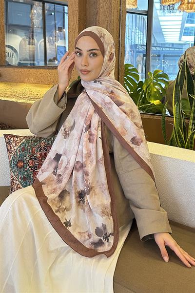 Batik Çiçek Desen Bambu Şal Sütlü Kahve