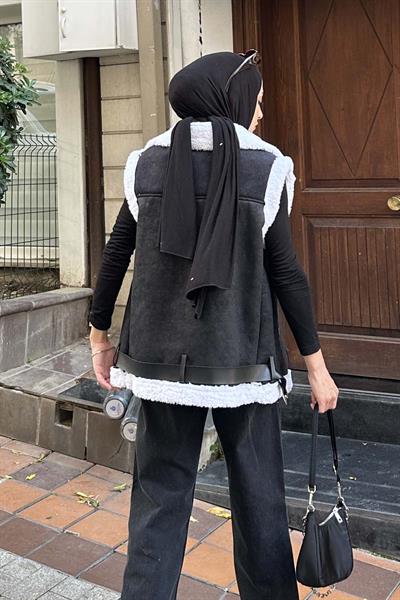 Kürk Detaylı Süet Yelek Beyaz