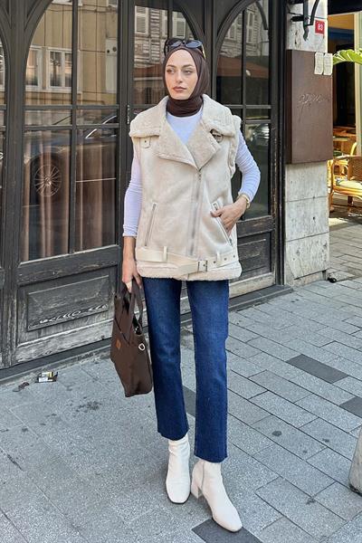 Kürk Detaylı Süet Yelek Bej