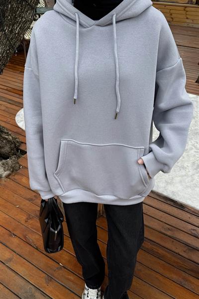 Üç İplik Kanguru Cep Sweatshirt Açık Gri