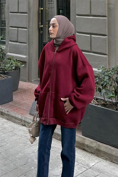 Kapüşonlu Oversize Yan Cepli Sweat Bordo