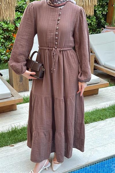 Bel Büzgülü Tesettür Elbise Acı Kahverengi