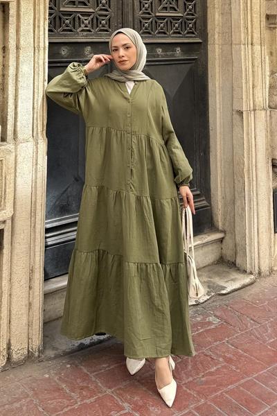 Ön Yarım Düğme Detaylı Müslin Kumaş Tesettür Elbise Haki