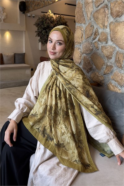 Vintage Flower Desen Bambu Şal Asker Yeşili