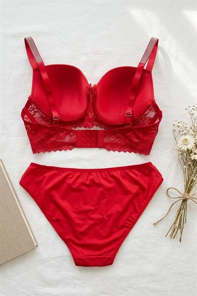 Desteksiz Balenli Büyük Beden Taş Detaylı Sütyen Takım Kırmızı