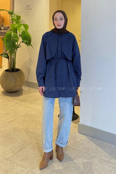 Pelerin Detaylı Gömlek Lacivert