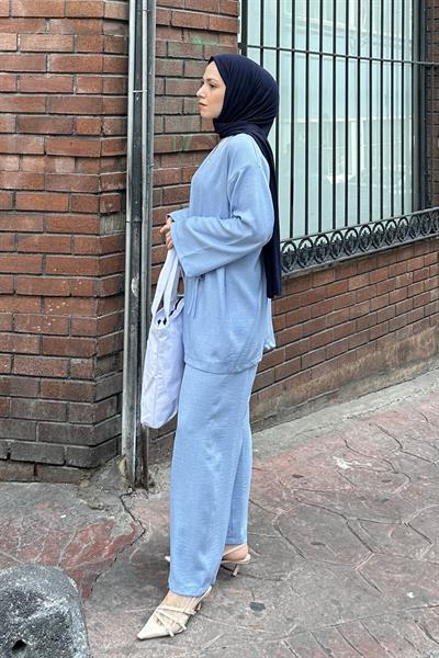 Bağlama Detaylı Kimono Tesettür Takım Mavi