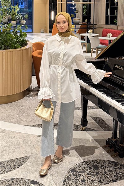 Fırfırlı Bağlama Detaylı Gömlek Beyaz