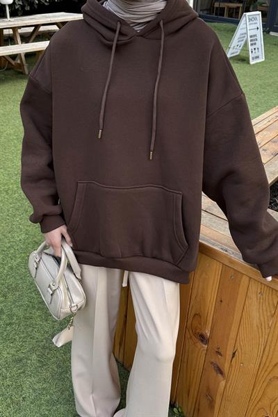 Üç İplik Kanguru Cep Sweatshirt Acı Kahverengi