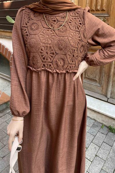 Dantel Örgü Detaylı Elbise Çikolata Kahve