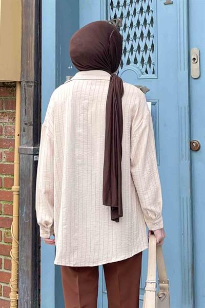 Tek Cep Çizgili Gömlek Bej