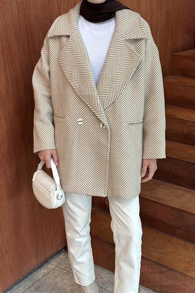 Zikzak Desen Balık Sırtı Kaban Camel